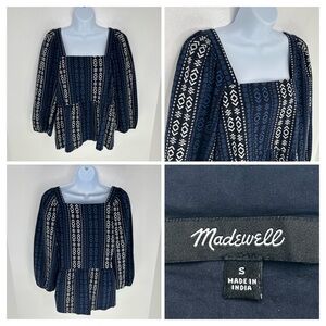Madewell Lightspun Millbrook Puff Sleeve Peplum Top Size Small Geo Aztec Print
